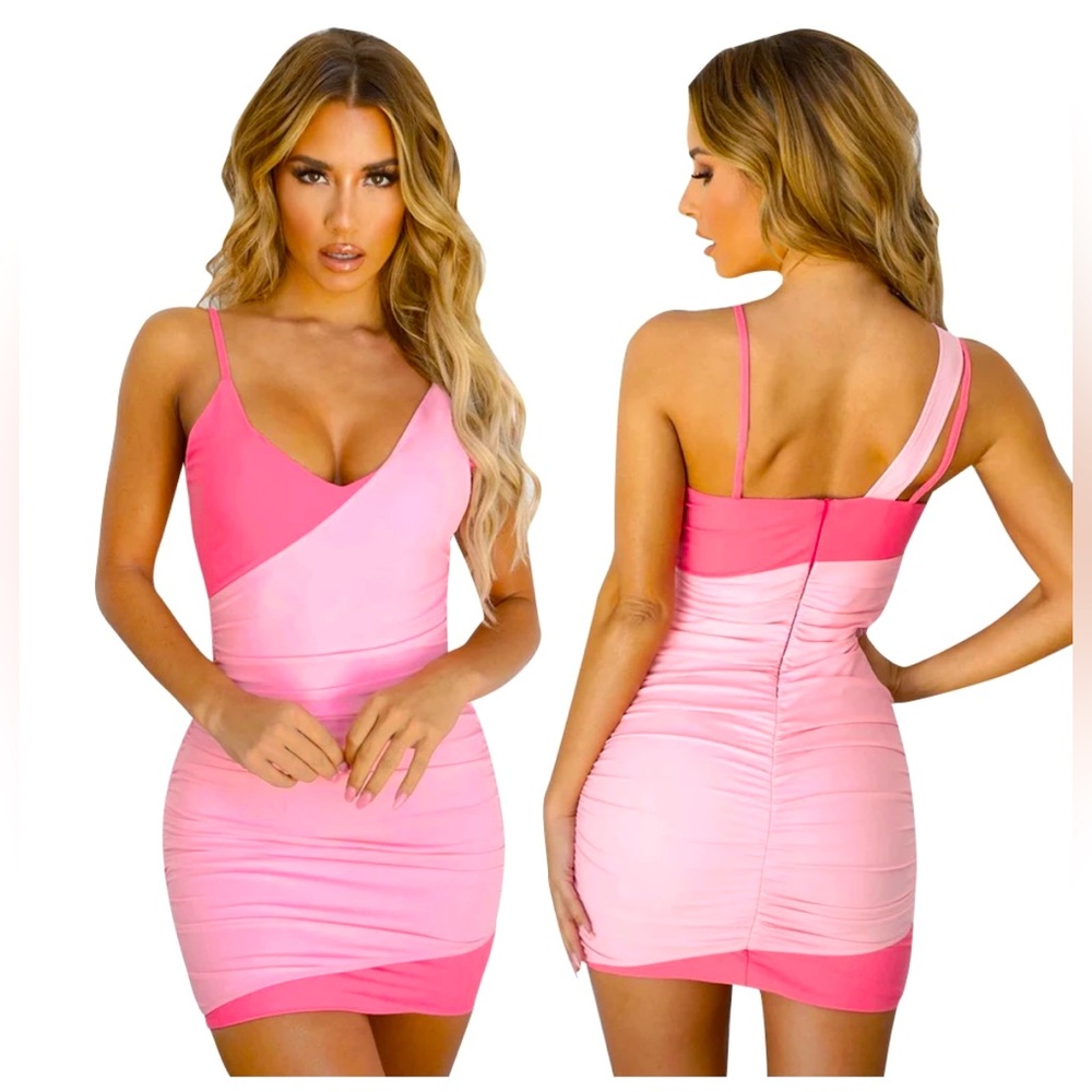 Tiger Mist Sleeveless Jacintha Asymmetric Ruched Mini Dress Pink/Salmon Overlay